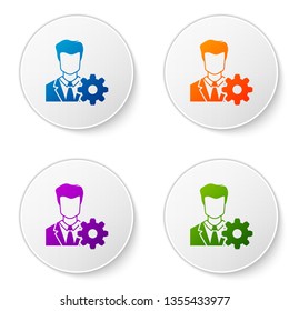 Color Profile settings icon on white background. User setting icon. Profile Avatar with cogwheel sign. Account icon. Male person silhouette. Set color icon in circle buttons. Vector Illustration