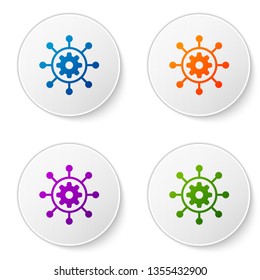 Color Project management icon isolated on white background. Hub and spokes and gear solid icon. Set color icon in circle buttons. Vector Illustration