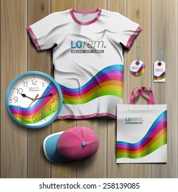 Color promotional souvenirs design for corporate identity with rainbow stripes. Stationery set
