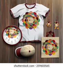 Color promotional souvenirs design for corporate identity with round central element. Stationery set