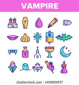 Color Protection From Vampire Vector Linear Icons Set. Weapons Vampire Hunter Outline Cliparts. Halloween Decoration Pictograms Collection. Garlic, Silver Bullets, Aspen Stake, Cross Illustration