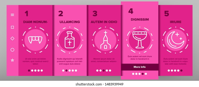Color Protection From Vampire Vector Onboarding Mobile App Page Screen. Weapons Vampire Hunter. Halloween Decoration Pictograms Collection. Garlic, Silver Bullets, Aspen Stake, Cross Illustration
