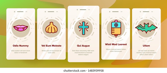 Color Protection From Vampire Vector Onboarding Mobile App Page Screen. Weapons Vampire Hunter. Halloween Decoration Pictograms Collection. Garlic, Silver Bullets, Aspen Stake, Cross Illustration
