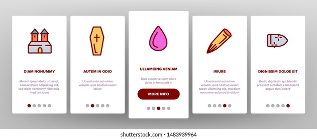 Color Protection From Vampire Vector Onboarding Mobile App Page Screen. Weapons Vampire Hunter. Halloween Decoration Pictograms Collection. Garlic, Silver Bullets, Aspen Stake, Cross Illustration