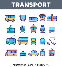 Color Public Transport And Vehicle Vector Linear Icons Set. Passenger Urban Transport Outline Symbols Pack. Bus, Taxi Cab, Trolley, Train Side And Front View Isolated Contour Illustrations