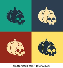 Color Pumpkin and skull icon isolated on color background. Happy Halloween party. Vintage style drawing. Vector Illustration