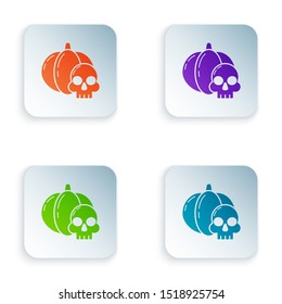 Color Pumpkin and skull icon isolated on white background. Happy Halloween party. Set icons in colorful square buttons. Vector Illustration