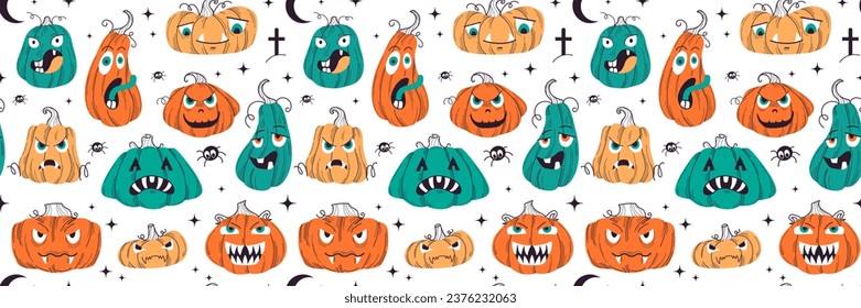 Color pumpkins Halloween seamless pattern. Vector flat illustration. Pattern for background, printing on wrapping paper, wallpaper or fabric. Halloween background.