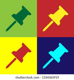 Color Push pin icon isolated on color backgrounds. Thumbtacks sign. Flat design. Vector Illustration 