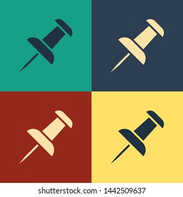 Color Push pin icon isolated on color background. Thumbtacks sign. Vintage style drawing. Vector Illustration