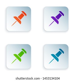 Color Push pin icon isolated on white background. Thumbtacks sign. Set icons in colorful square buttons. Vector Illustration