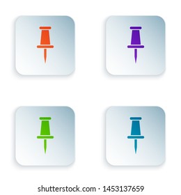 Color Push pin icon isolated on white background. Thumbtacks sign. Set icons in colorful square buttons. Vector Illustration