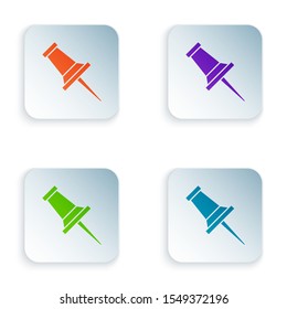 Color Push pin icon isolated on white background. Thumbtacks sign. Set icons in colorful square buttons. Vector Illustration