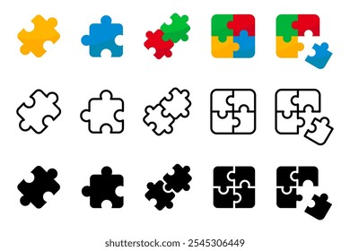 Conjunto de ícones do quebra- cabeça de cores. Símbolo de cor da parte. Ícone compatível com quebra- cabeça em estilo plano. Ilustração do acordo de Quebra-cabeça. Conceito comercial da solução de cooperação.