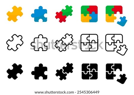 Color puzzle icon set. Part color symbol. Puzzle compatible icon in flat style. Jigsaw agreement illustration. Cooperation solution business concept.