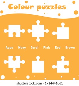 Farb-Rätsel und lernen Sie die Farben, Material für Kindergarten, Vorschulen, Kindergarten, Vorschulen, Kindergarten, Spielschule und Grundschule. Unterrichtsmaterial für Kinder. Lernspass