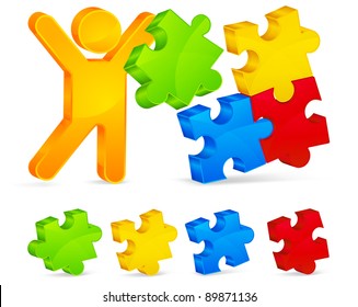 Color puzzles set and man on white, vector illustration