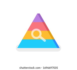Color pyramid of needs with search sign vector isolated icon. Triangle with magnifier glass, blue, orange, pink and purple levels, section and segments