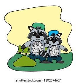 color raccon animal with his son with hat and pant
