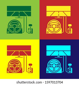 Color Racing simulator cockpit icon isolated on color background. Gaming accessory. Gadget for driving simulation game.  Vector Illustration