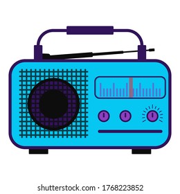 Color radio station. Radio in purple color with antenna, scale. Vector illustration, isolated on white background