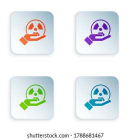 Color Radioactive in hand icon isolated on white background. Radioactive toxic symbol. Radiation Hazard sign. Set colorful icons in square buttons. Vector