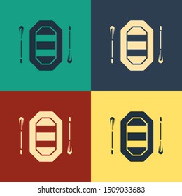 Color Rafting boat icon isolated on color background. Inflatable boat with paddles. Water sports, extreme sports, holiday, vacation. Vintage style drawing. Vector Illustration