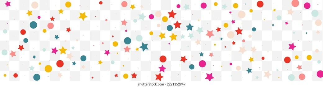 Color Rain Invitation Vector Transparent Panoramic Background. Flying Confetti Banner. Celebrate Splash Backdrop. Rainbow Round Carnaval Card.