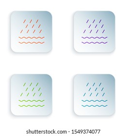 Color Rain and waves icon isolated on white background. Rain cloud precipitation with rain drops. Set icons in colorful square buttons. Vector Illustration