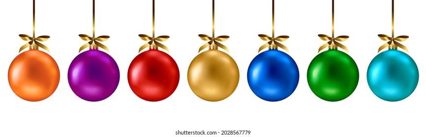 Color rainbow balls set isolated on white background. Vector illustration. Merry Christmas and Happy New Year 2022 sphere decorations hanging with gold ribbon bow. Holiday Xmas toy bauble fir tree