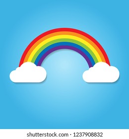 Color Rainbow With Clouds in blue sky. Realistic cartoon spectrum decoration. Summer symbol. Sticker, patch badge. Design for decoration children room interior, poster, card