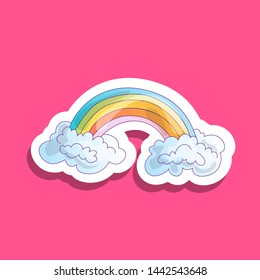 Color Rainbow With Clouds. Cute cartoon rainbow in blue clouds sticker, on pink background