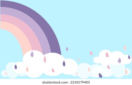 Color Rainbow With Clouds, With Gradient Mesh, Vector Illustration. Light blue cloudscape background with silhouettes and rainbow. Cloudy soft landscape background. Clean and minimal paper art.