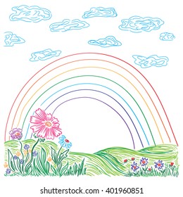 Color rainbow with clouds grass and flowers, vector illustration