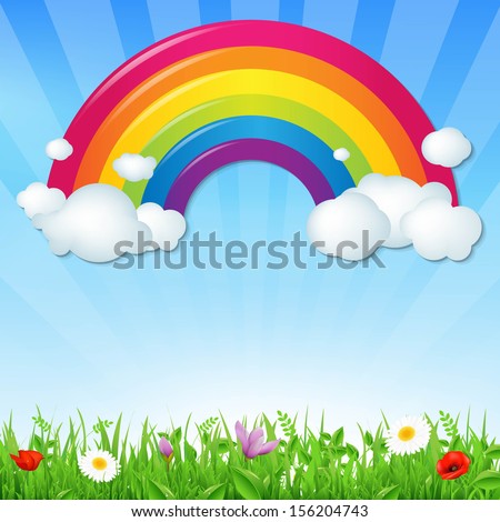 Color Rainbow With Clouds Grass And Flowers, With Gradient Mesh, Vector Illustration