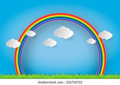 Color Rainbow With Clouds and Grass.paper art style.
