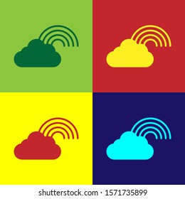 Color Rainbow with clouds icon isolated on color background.  Vector Illustration