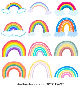 Color rainbow with clouds isolated on white background. Vector Illustration.