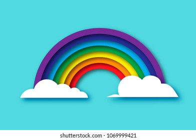 Color rainbow with clouds in paper cut style. Origami Summer symbol on blue sky. Summertime. Vector,