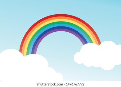 Color rainbow with clouds and sky, gradient background. used in cover design, poster, flyer, book design, website backgrounds or advertising. vector Illustration.
