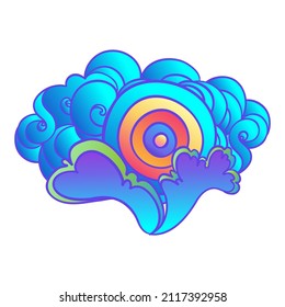 Color rainbow with clouds, sky. Vector cartoon illustration isolated on blue. Summer symbol. Sticker, patch badge. 