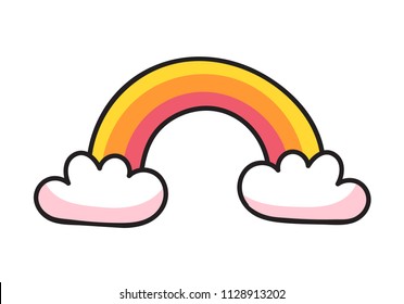 Color rainbow with clouds. Summer symbol. Sticker, patch, badge, pin, print for interior, poster, card. Vector cartoon illustration.