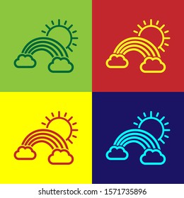 Color Rainbow with clouds and sun icon isolated on color background.  Vector Illustration