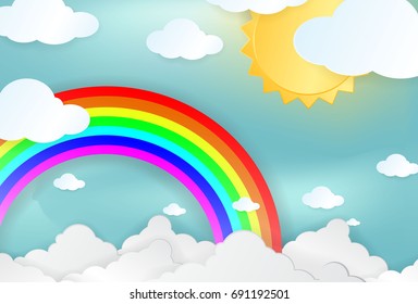 Color Rainbow With Clouds and Sun on blue sky paper design, With Gradient Mesh, Vector paper art style