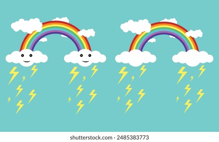 Color Rainbow With Clouds and thunder. Vector Illustration