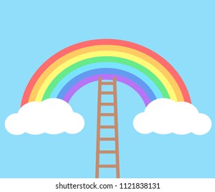 Color rainbow with clouds and wooden stairs on blue sky background