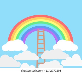 Color rainbow with clouds and wooden stairs on blue sky background