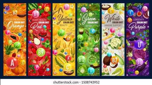 Color rainbow diet, healthy organic dietary food nutrition. Vector vegetables, fruits and berries, natural cereals and nuts, detoxification color diet for cancer prevention and immune system health