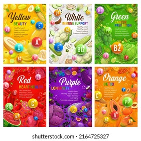 Color Rainbow Diet Posters. Organic Nutrition And Multivitamins. Vector Fruits, Vegetables And Vitamins Of Color Diet. Antioxidant, Detox Or Cancer Prevention, Immune Support, Beauty Benefits