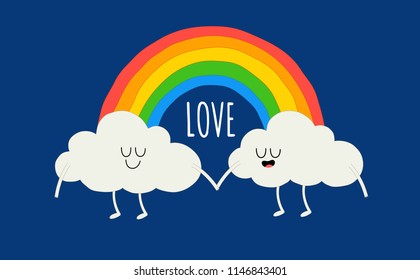 Color rainbow with emotion clouds. Vector illustrations. You can use for cards, fridge magnets, stickers, posters.